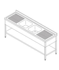 Dishwasher Table - 210 x 70cm - with 2 Sinks and Backsplash - incl Storage Shelf